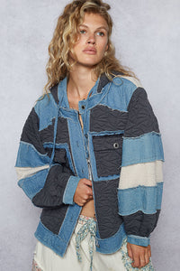 POL Balloon Sleeve Denim Patch Hoodie - Charcoal Multi