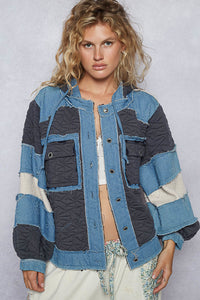 POL Balloon Sleeve Denim Patch Hoodie - Charcoal Multi