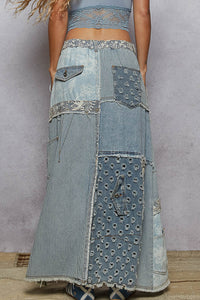 POL Patchwork Denim Skirt - Denim Multi