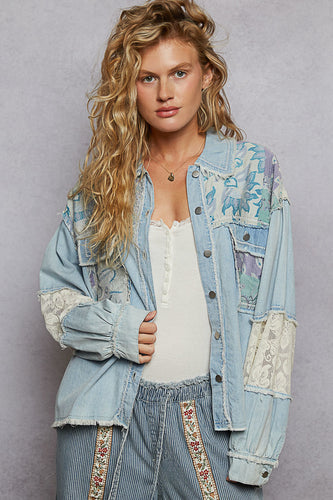 POL Relaxed Fit Top With Denim & Printed Woven Mix - Denim Multi