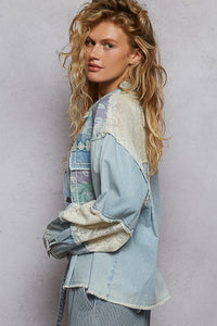 POL Relaxed Fit Top With Denim & Printed Woven Mix - Denim Multi