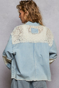 POL Relaxed Fit Top With Denim & Printed Woven Mix - Denim Multi