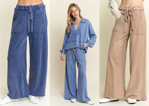 Mineral Wash Side Knit detail wide leg pants - Assorted Colors