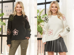 Multicolor Floral Long Sleeves Sweater - Black or Ivory