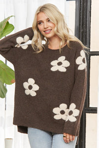 Floral Relaxed Cozy Knit Sweater - Coffee