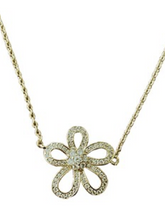 Gold or Silver necklace with flower charm (petals in line stroke) and clear crystal stones. (14" Long)
