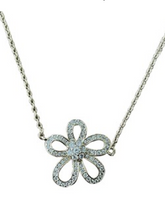 Gold or Silver necklace with flower charm (petals in line stroke) and clear crystal stones. (14" Long)