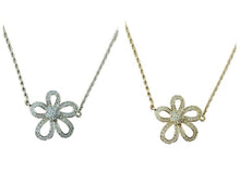 Gold or Silver necklace with flower charm (petals in line stroke) and clear crystal stones. (14" Long)