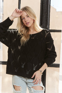 Long Sleeve Loose Fit Knit Sweater Top - Black