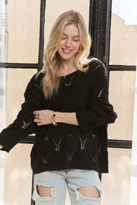 Long Sleeve Loose Fit Knit Sweater Top - Black