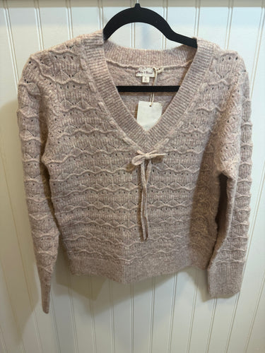 V-neck Open Work Sweater Top - Taupe/Pink