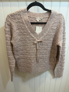 V-neck Open Work Sweater Top - Taupe/Pink