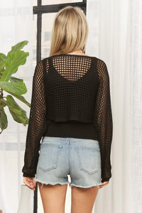 Crochet Knit Sweater Top - Black or Dark Khaki