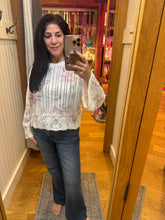 Ivory Floral Pointelle Bell Sleeve Sweater - Ivory Purple Floral