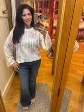 Ivory Floral Pointelle Bell Sleeve Sweater - Ivory Purple Floral
