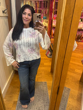 Ivory Floral Pointelle Bell Sleeve Sweater - Ivory Purple Floral