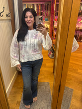 Ivory Floral Pointelle Bell Sleeve Sweater - Ivory Purple Floral