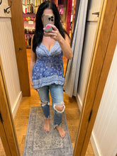 V Neck Hanky Hem Tank Top With Adjustable Straps - Blue/White