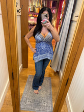 V Neck Hanky Hem Tank Top With Adjustable Straps - Blue/White