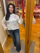 Ivory Floral Pointelle Bell Sleeve Sweater - Ivory Purple Floral