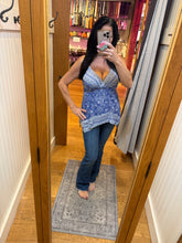 V Neck Hanky Hem Tank Top With Adjustable Straps - Blue/White