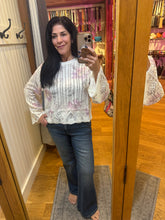 Ivory Floral Pointelle Bell Sleeve Sweater - Ivory Purple Floral