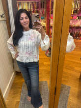 Ivory Floral Pointelle Bell Sleeve Sweater - Ivory Purple Floral