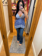 V Neck Hanky Hem Tank Top With Adjustable Straps - Blue/White