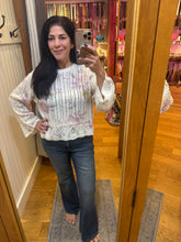 Ivory Floral Pointelle Bell Sleeve Sweater - Ivory Purple Floral