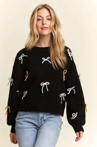 Cutesy Bow Sweater Top - Black