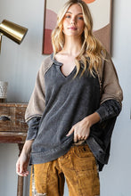 Oli & Hali Color block Notched V Neck Long Sleeve Pullover Top - Black Or Blue
