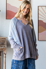 Oli & Hali Color block Notched V Neck Long Sleeve Pullover Top - Black Or Blue