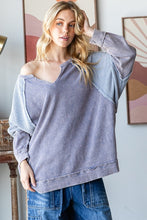 Oli & Hali Color block Notched V Neck Long Sleeve Pullover Top - Black Or Blue