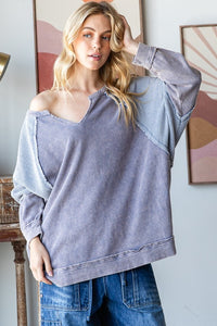 Oli & Hali Color block Notched V Neck Long Sleeve Pullover Top - Black Or Blue