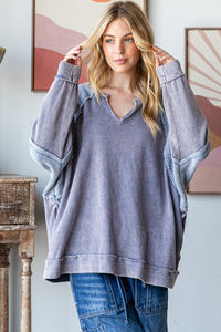 Oli & Hali Color block Notched V Neck Long Sleeve Pullover Top - Black Or Blue