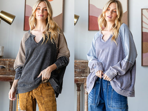 Oli & Hali Color block Notched V Neck Long Sleeve Pullover Top - Black Or Blue