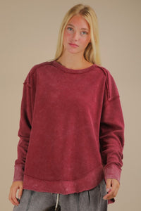 Mineral Washed Elbow Patch Contrast Knit Top - Black, Burgundy Or Sage