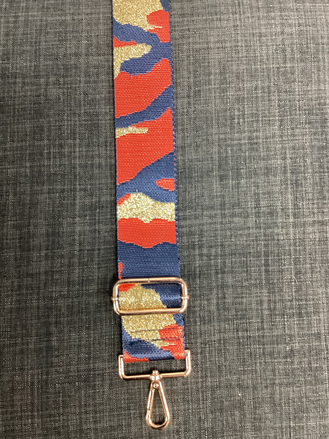 CAMOUFLAGE ADJUSTABLE BAG STRAP W/METALLIC THREAD - NAVY/ORANGE/METALLIC GOLD