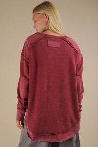 Mineral Washed Elbow Patch Contrast Knit Top - Black, Burgundy Or Sage