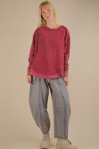 Mineral Washed Elbow Patch Contrast Knit Top - Black, Burgundy Or Sage