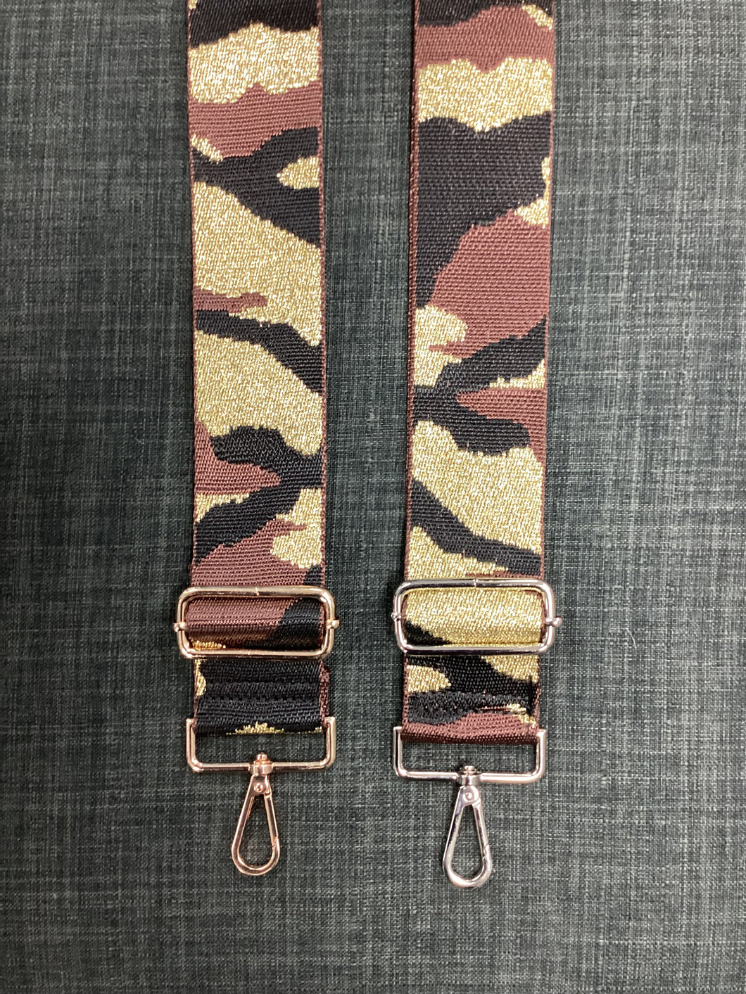 CAMOUFLAGE ADJUSTABLE BAG STRAP W/ METALLIC THREAD - BROWN/METALLIC GOLD/BLACK- GOLD/SILVER HARDWARE
