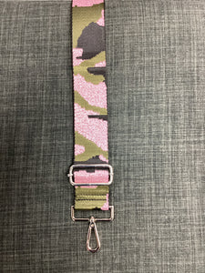 CAMOUFLAGE BAG STRAP W/METALLIC THREAD- PINK/GOLD/BLACK - SILVER HARDWARE