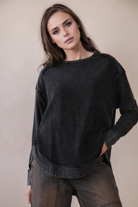 Mineral Washed Elbow Patch Contrast Knit Top - Black, Burgundy Or Sage