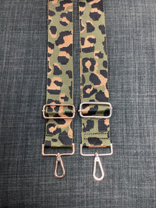 2" ADJUSTABLE ANIMAL PRINT BAG STRAP - OLIVE LEOPARD GOLD/SILVER HARDWARE
