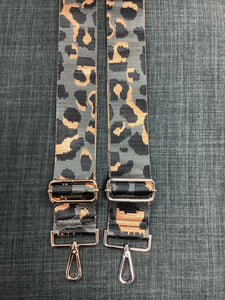 2" ADJUSTABLE ANIMAL PRINT BAG STRAP - GREY LEOPARD GOLD/SILVER HARDWARE