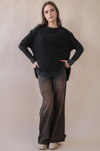 Mineral Washed Elbow Patch Contrast Knit Top - Black, Burgundy Or Sage