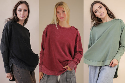 Mineral Washed Elbow Patch Contrast Knit Top - Black, Burgundy Or Sage
