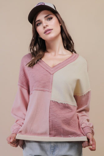 Oversized Color Block Casual Knit Top - Blush