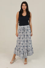 Angled Hem Elastic Waistband Maxi Skirt - White-Blue