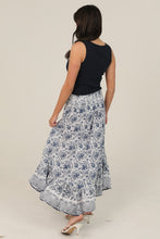 Angled Hem Elastic Waistband Maxi Skirt - White-Blue